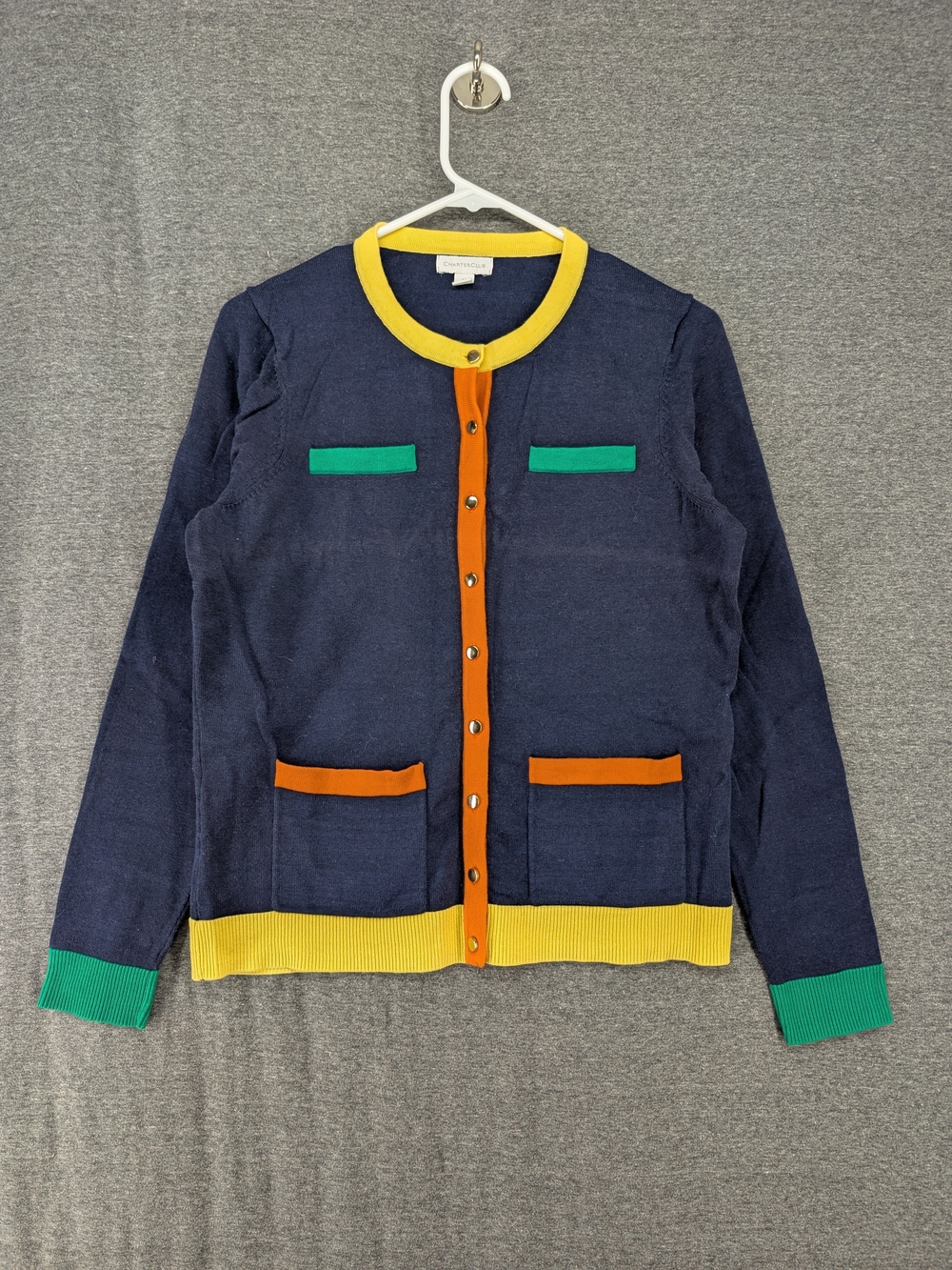 Color-Block Navy Cardigan with Yellow Trim